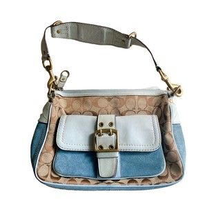 Coach Vintage Signature Suede Flap Hobo Shoulder Bag Khaki, Brown, Blue